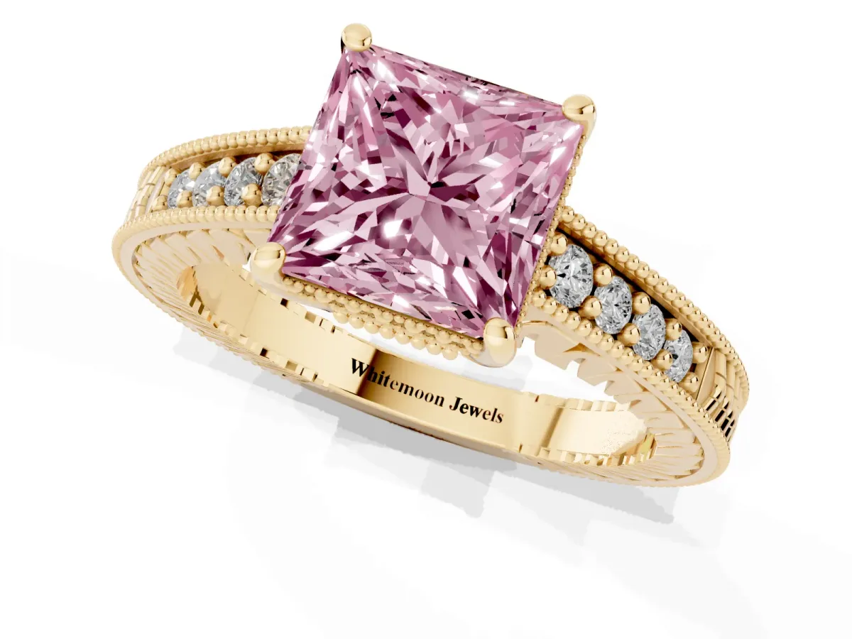 Fancy Pink Princess Cut Solitaire Pavé Diamond Milgrain Engagement Ring with Four-Prong Setting Yellow gold