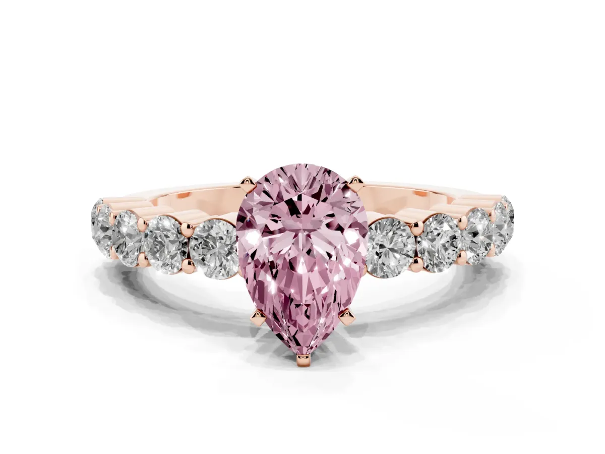 Fancy Pink Pear Cut Diamond Solitaire Ring with Shared Prong Round Side Stones Rose gold