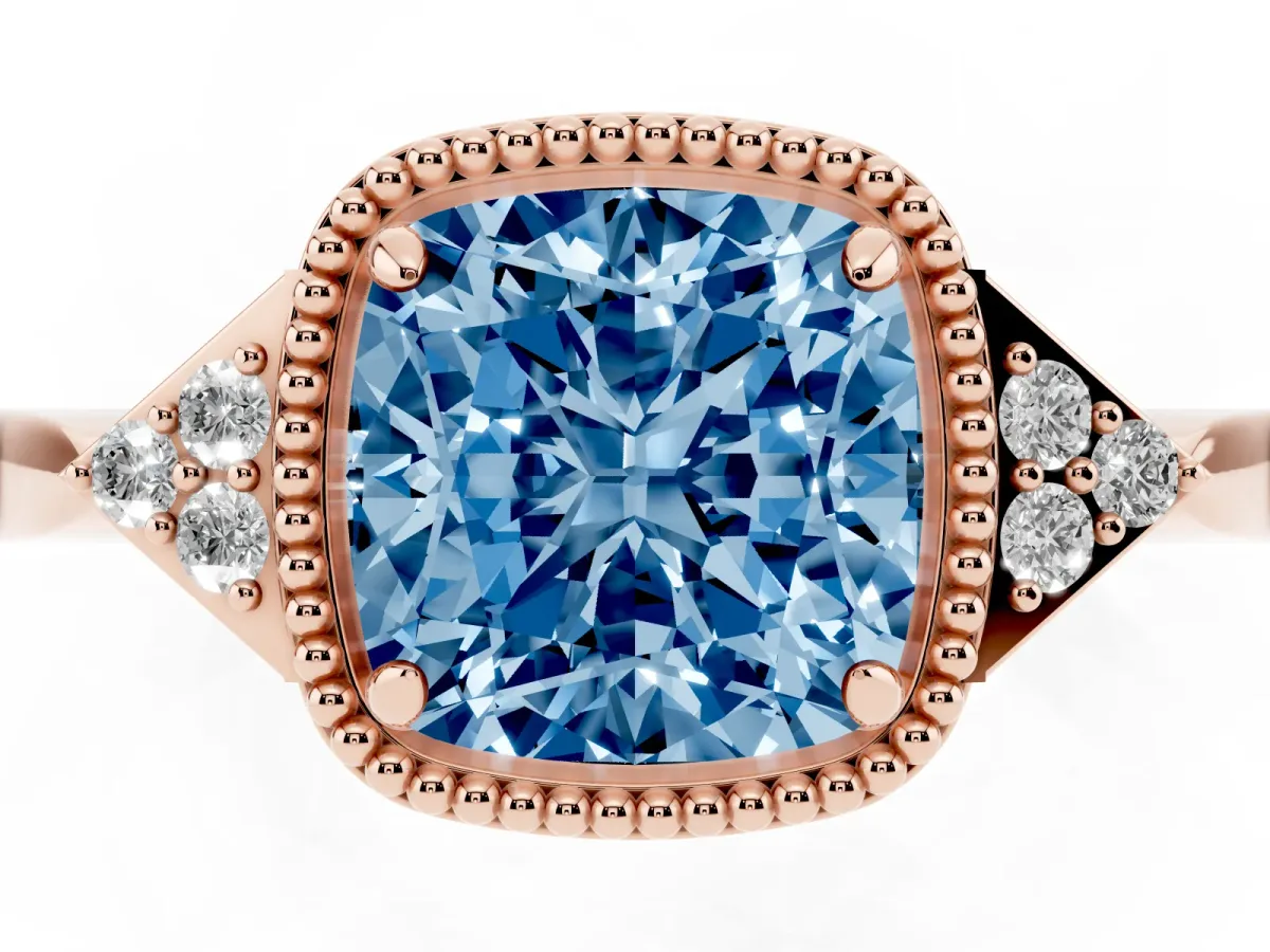 Fancy Blue Cushion Cut Diamond Halo Ring with Tapered Band and Four-Prong Setting Rose gold