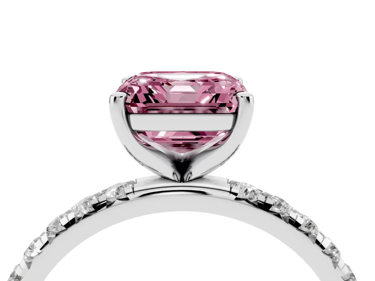 Fancy Pink Asscher Cut Cut Diamond Solitaire Ring with Micro Pave Band and Four Prong Setting Silver