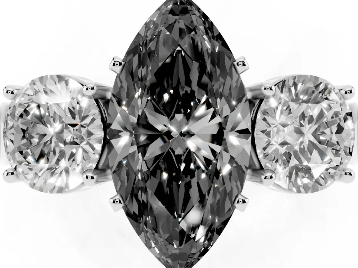 Fancy Black Three-Stone Marquise Cut Diamond Ring with Round Side Stones, Classic Band, and Four-Prong Setting Silver
