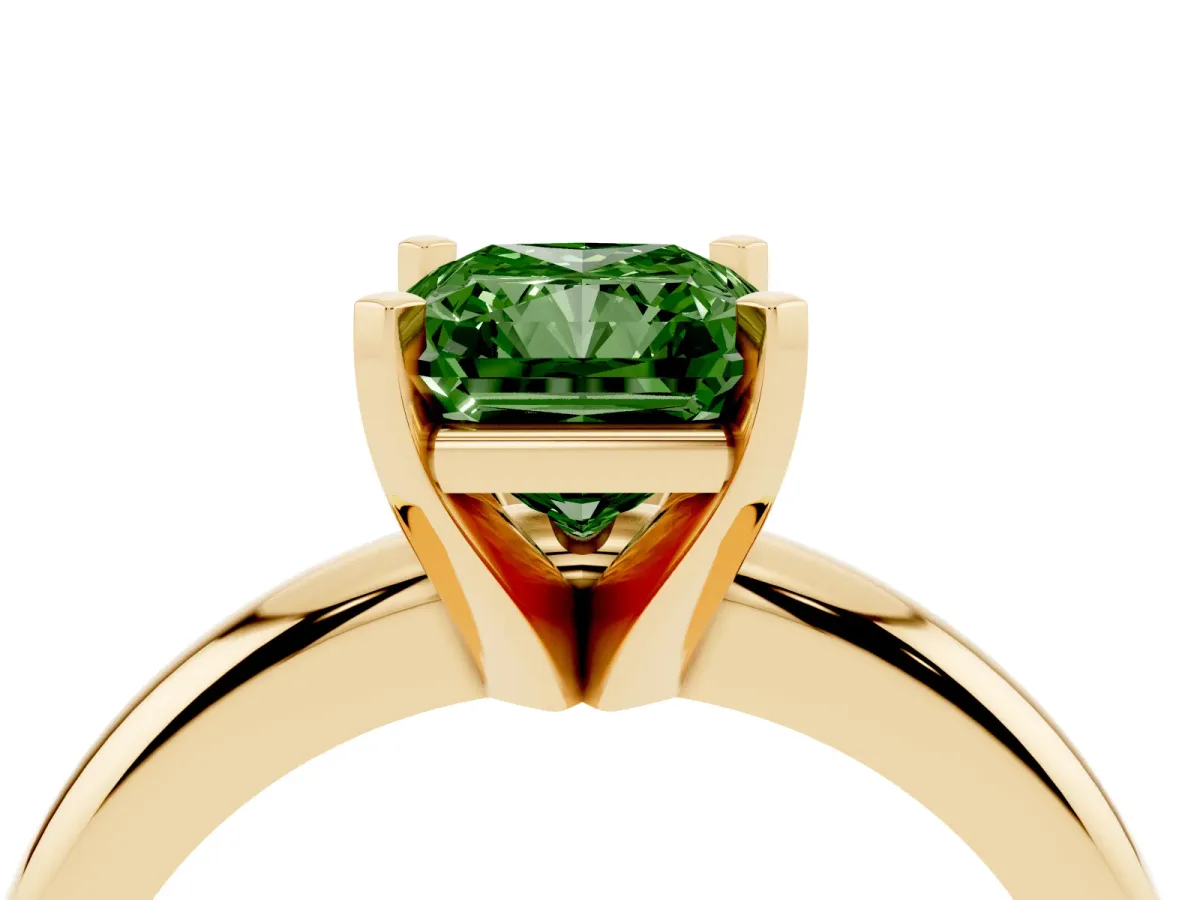 Fancy Green Radiant Cut Diamond Solitaire Engagement Ring with Round Band and Four-Prong Setting Yellow gold