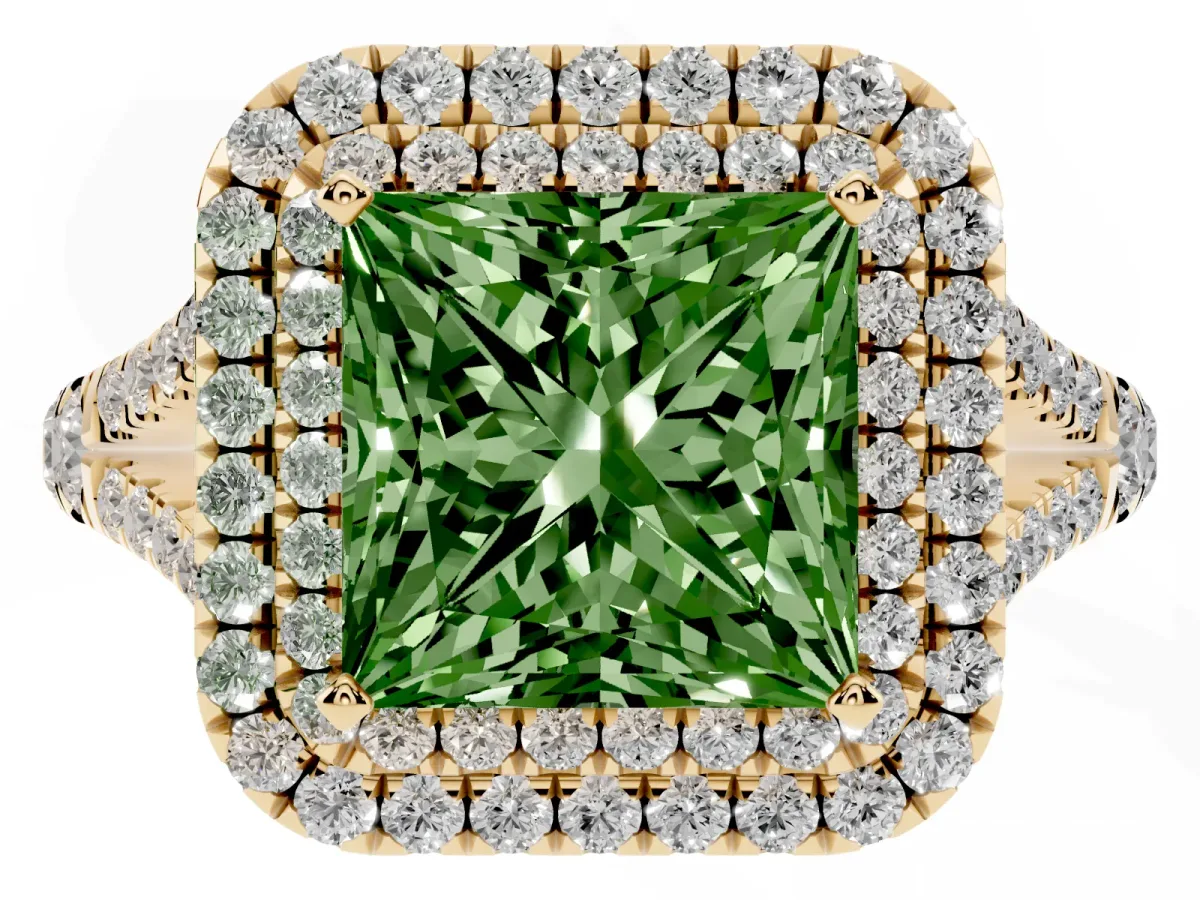 Fancy Green Princess Cut Diamond Double Halo Ring with Split Shank and Prong Setting Yellow gold