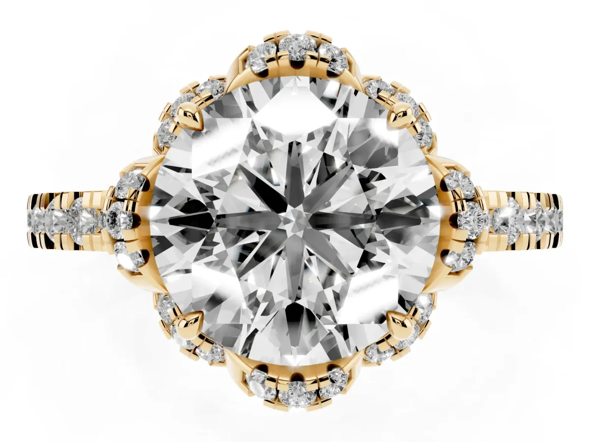 Round Cut Diamond Halo Pave Band with Four-Prong Setting Yellow gold