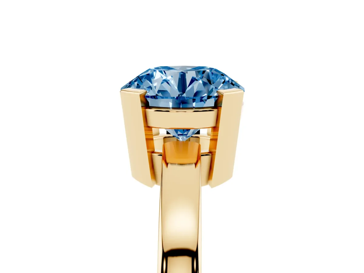 Fancy Blue Round Cut Cut Solitaire Ring with Four-Prong Setting and Classic Band Yellow gold