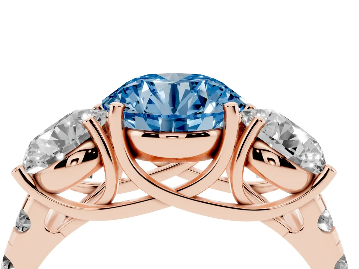 Fancy Blue Three-Stone Round Cut Diamond Pavé Band with Prong Setting Rose gold