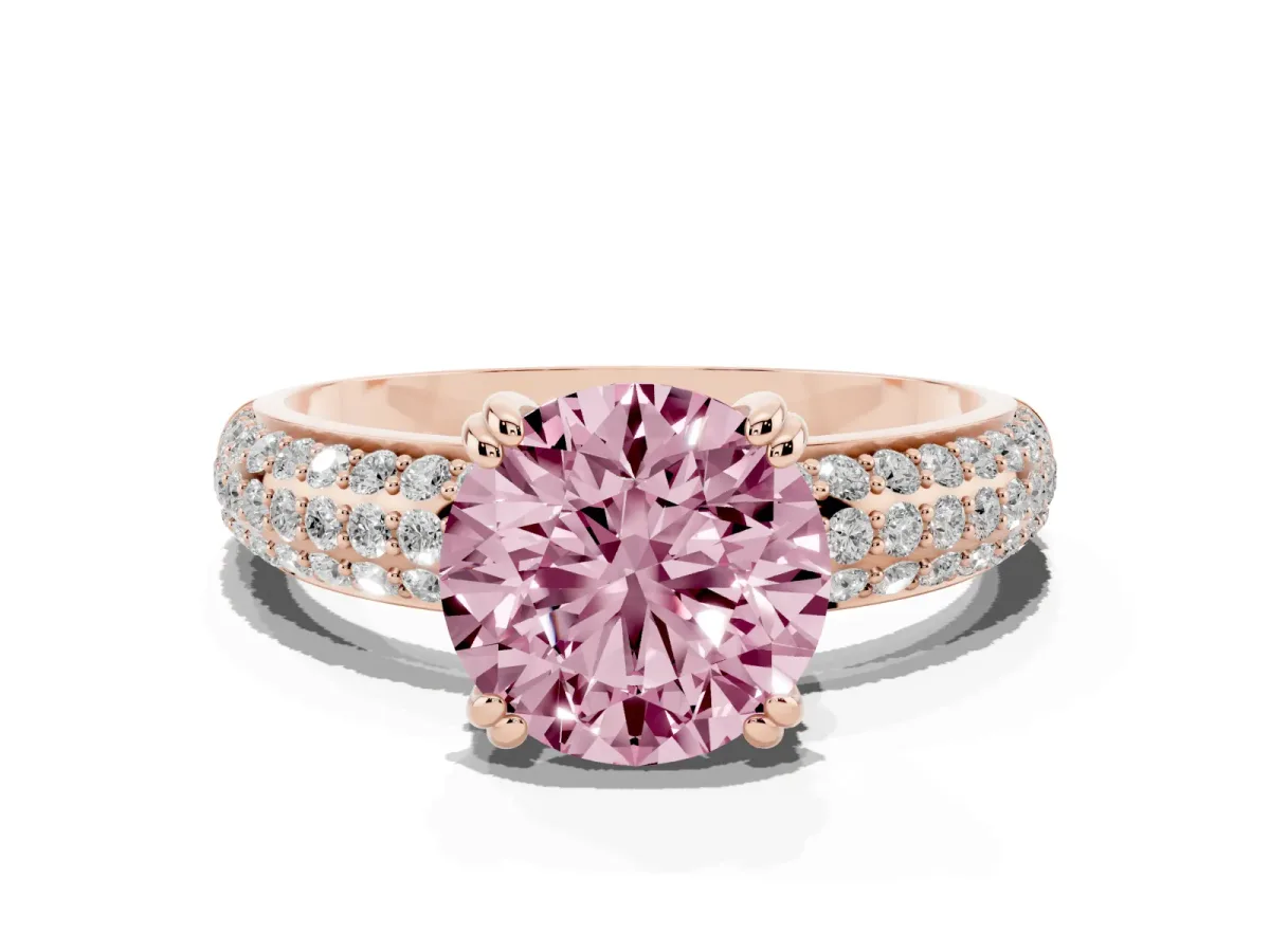 Fancy Pink Round Cut Diamond Solitaire Ring with Multi-Row Round Pavé Band and Prong Setting Rose gold