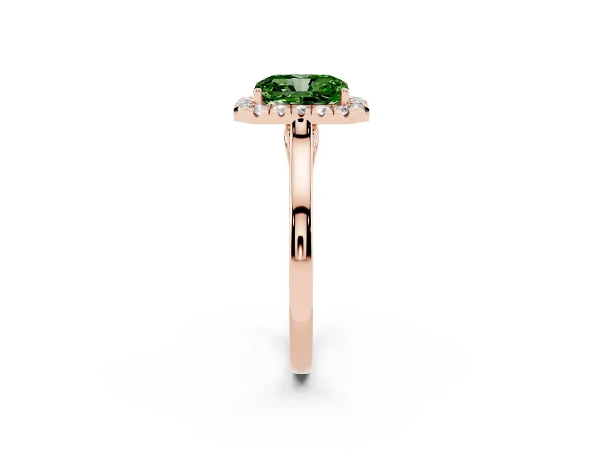 Fancy Green Radiant Cut Halo Round Diamond Solitaire Ring with Pavé Band and Four-Prong Setting Rose gold
