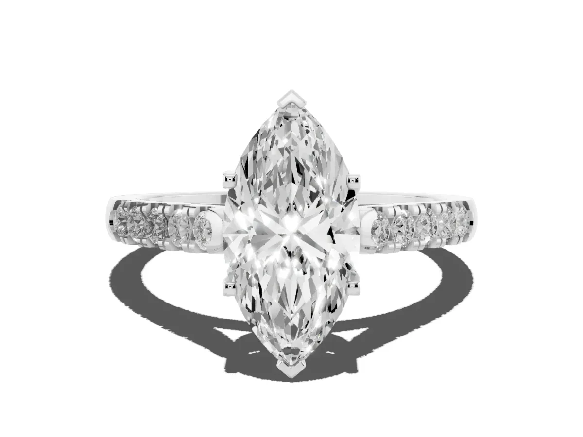 Marquise Cut Diamond Pavé Band Solitaire Ring with Prong Setting White gold
