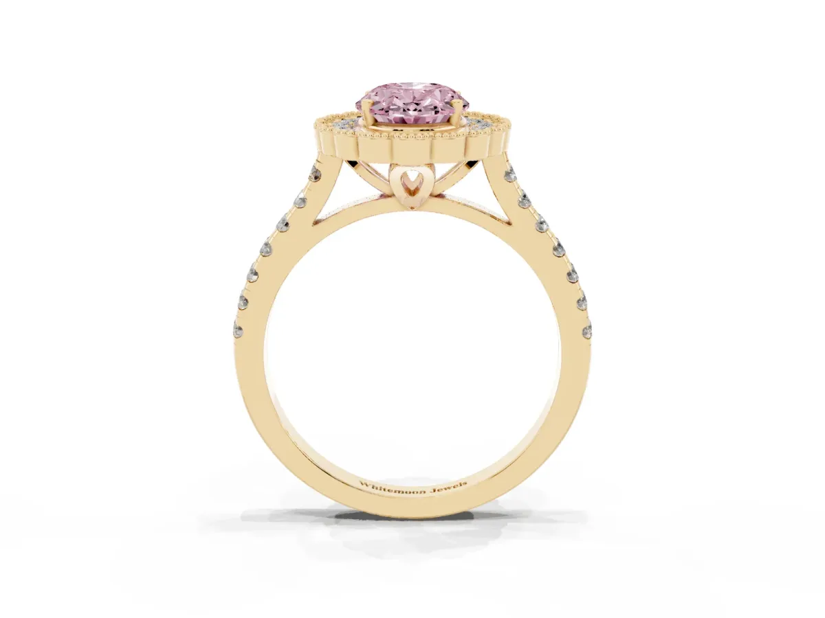Fancy Pink Oval Cut Cut Diamond Milgrain Floral Halo Engagement Ring with Pavé Band Yellow gold
