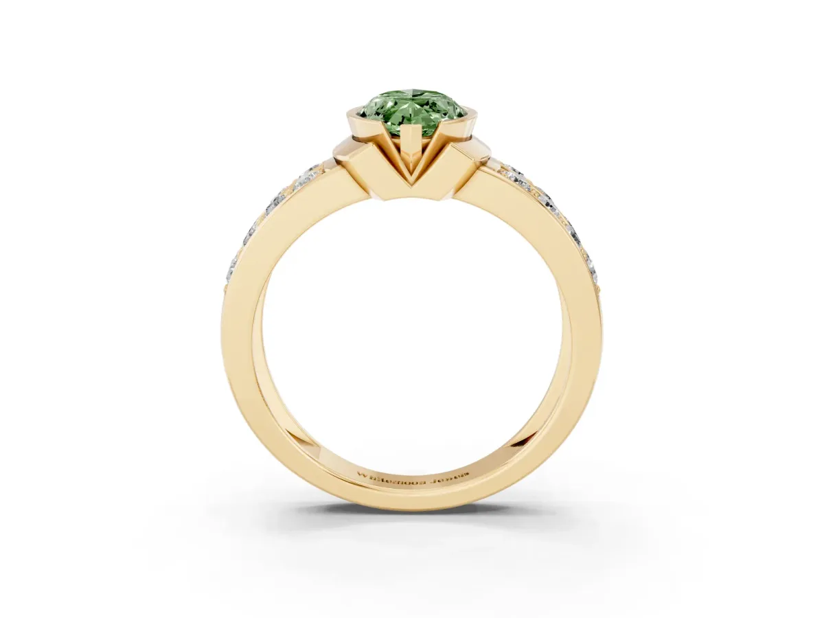 Fancy Green Marquise Cut Brilliant Diamond Channel Set Wide Band Ring with Bezel Setting Yellow gold