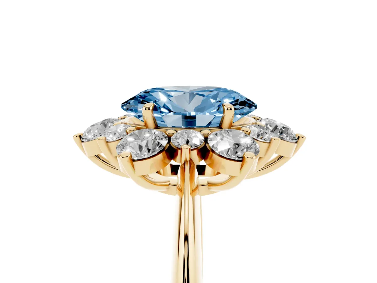 Fancy Blue Oval Cut Diamond Cluster Halo Ring with Solitaire Band and Four-Prong Setting Yellow gold