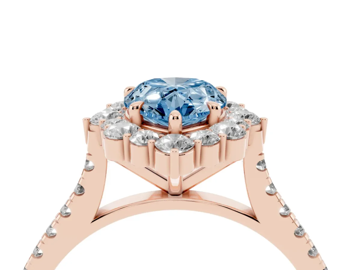 Fancy Blue Pear Cut Halo Diamond Ring with Pavé Band and Prong Setting Rose gold