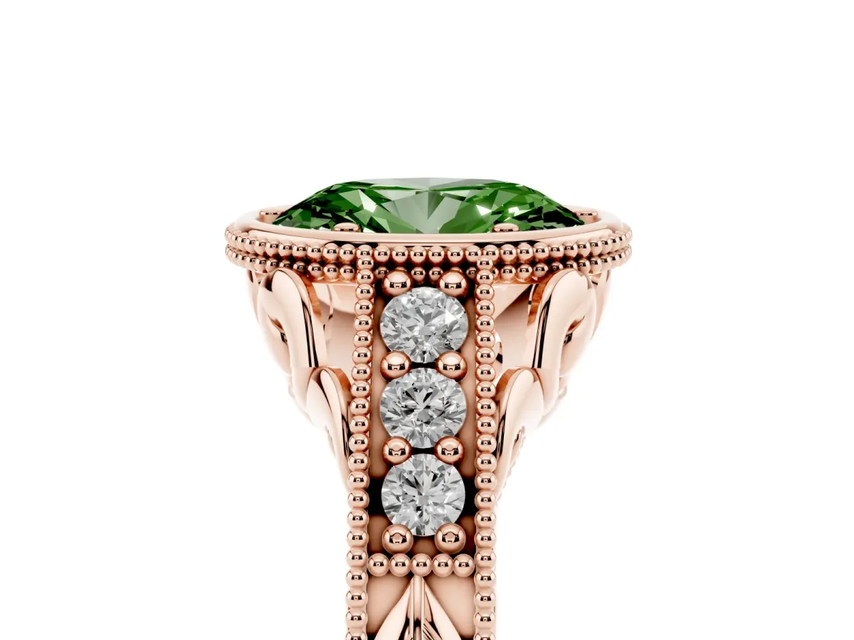 Fancy Green Bezel Set Oval Cut Diamond Milgrain Pave Engagement Ring Rose gold