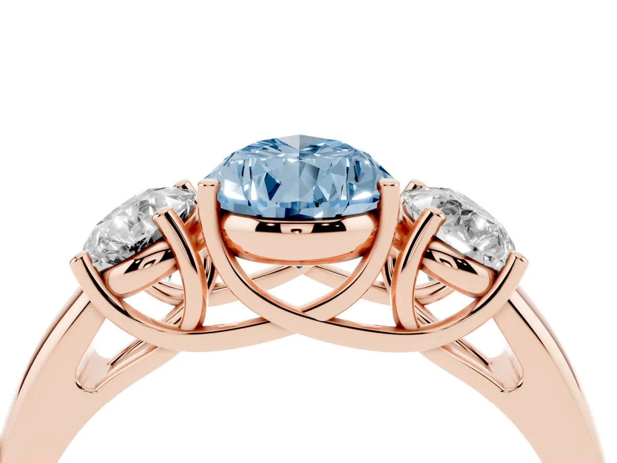 Fancy Blue Three-Stone Pear Cut Diamond Engagement Ring with Prong Setting Rose gold
