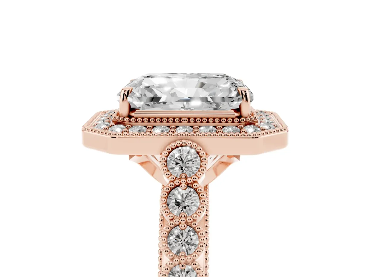 Radiant Cut Halo Milgrain Solitaire with Bezel Set Side Stones and Pave Band Rose gold