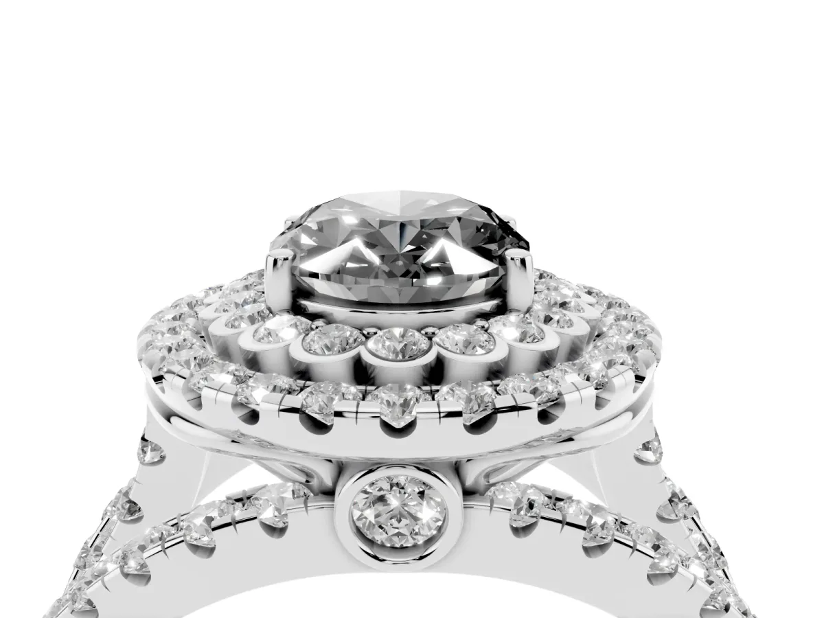 Fancy Black Oval Cut Diamond Double Halo Ring with Round Pavé Split Shank and Prong Setting Silver