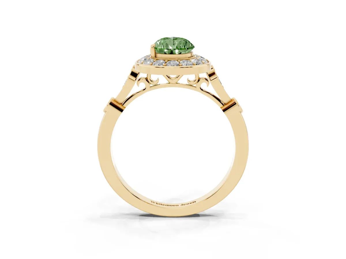 Fancy Green Pear Cut Halo Diamond Engagement Ring with Twisted Band and Four-Prong Setting Yellow gold