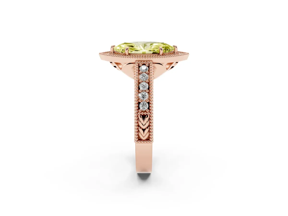 Fancy Yellow Marquise Cut Cut Halo Diamond Ring with Pavé Band and Four-Prong Setting Rose gold