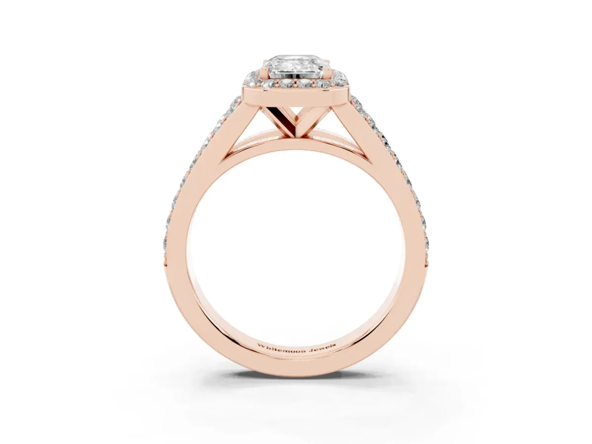 Emerald Cut Diamond Split Shank Halo Ring with Four-Prong Setting Rose gold