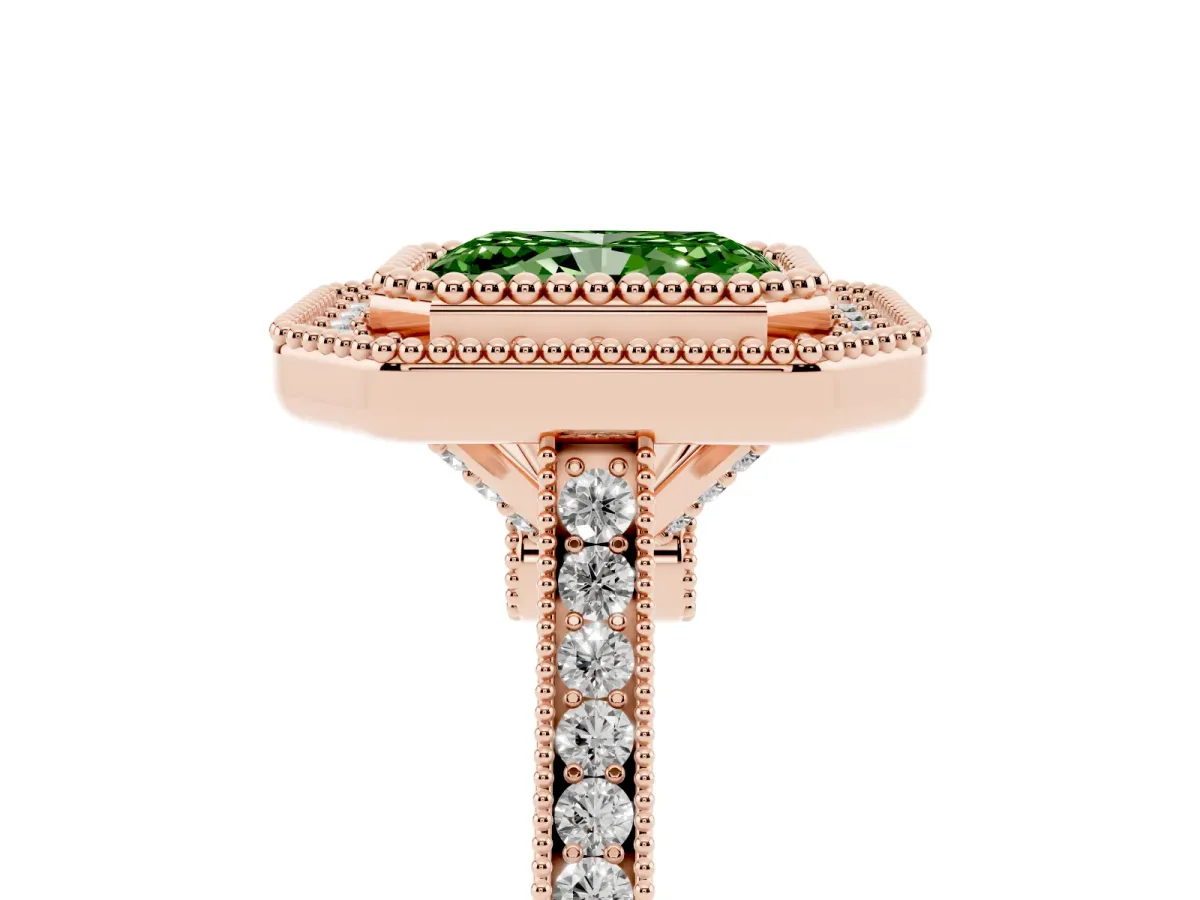Fancy Green Radiant Cut Diamond Halo Ring with Milgrain Frame and Pavé Band Rose gold