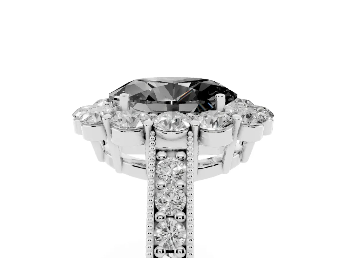 Fancy Black Oval Cut Cut Halo Diamond Pavé Engagement Ring with Milgrain Detailing Platinum