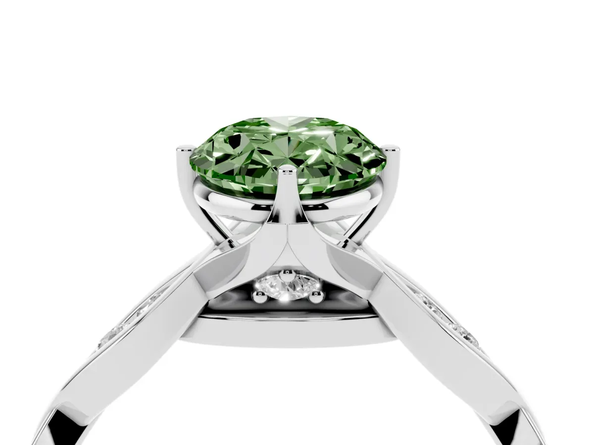 Fancy Green Oval Cut Solitaire Twist Band with Leaf Prong Setting Platinum