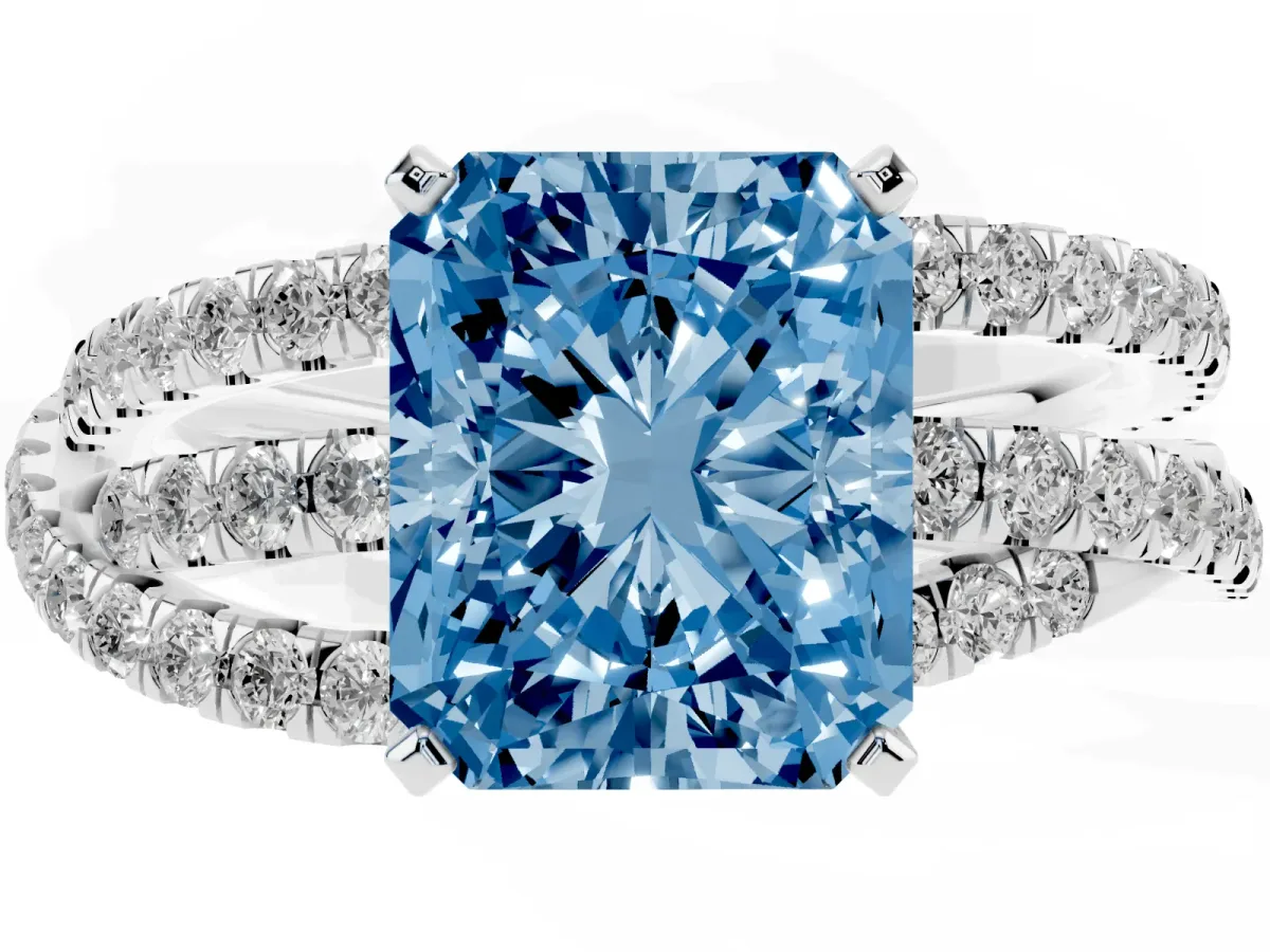Fancy Blue Radiant Cut Solitaire Twist Band with Pavé Setting and Four-Prong Setting Silver