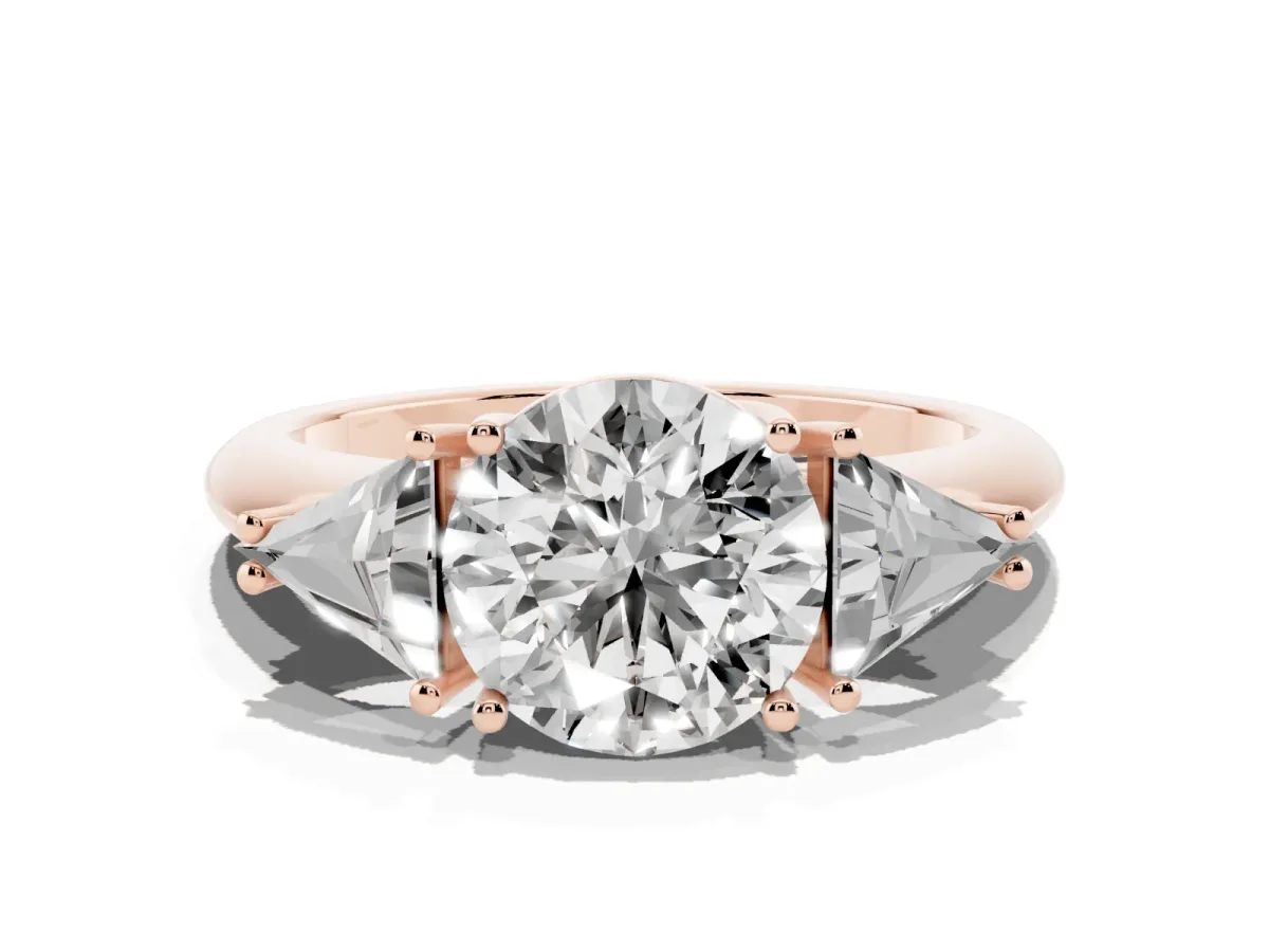 Three-Stone Round Cut Diamond Engagement Ring with Trillion Side Stones and Prong Setting Rose gold