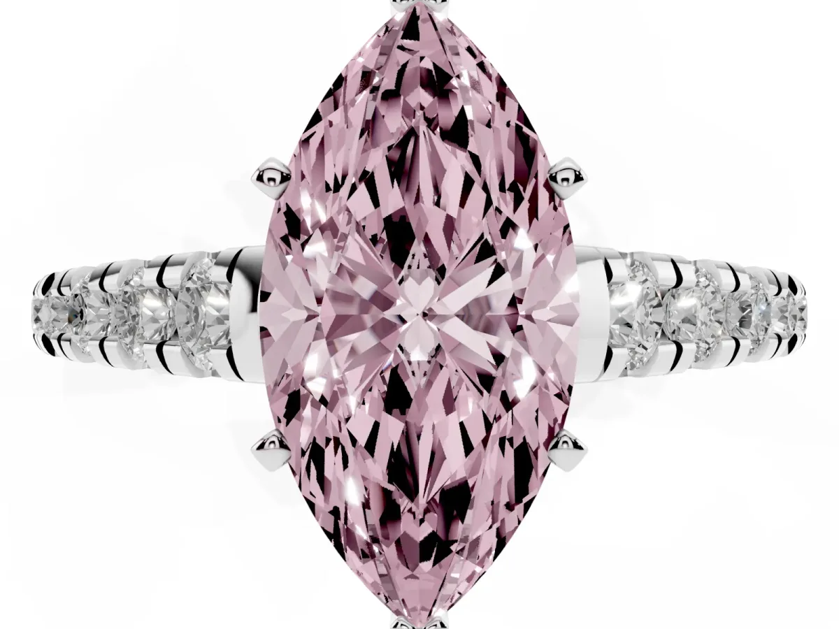 Fancy Pink Marquise Cut Diamond Cathedral Solitaire Ring with Round Pavé Band Silver