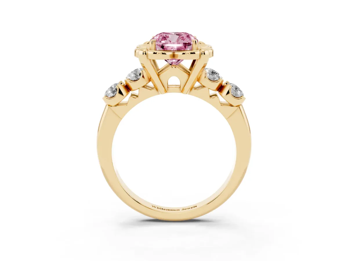 Fancy Pink Cushion Cut Cut Diamond Floral Halo Engagement Ring with Shared Prong Setting Yellow gold