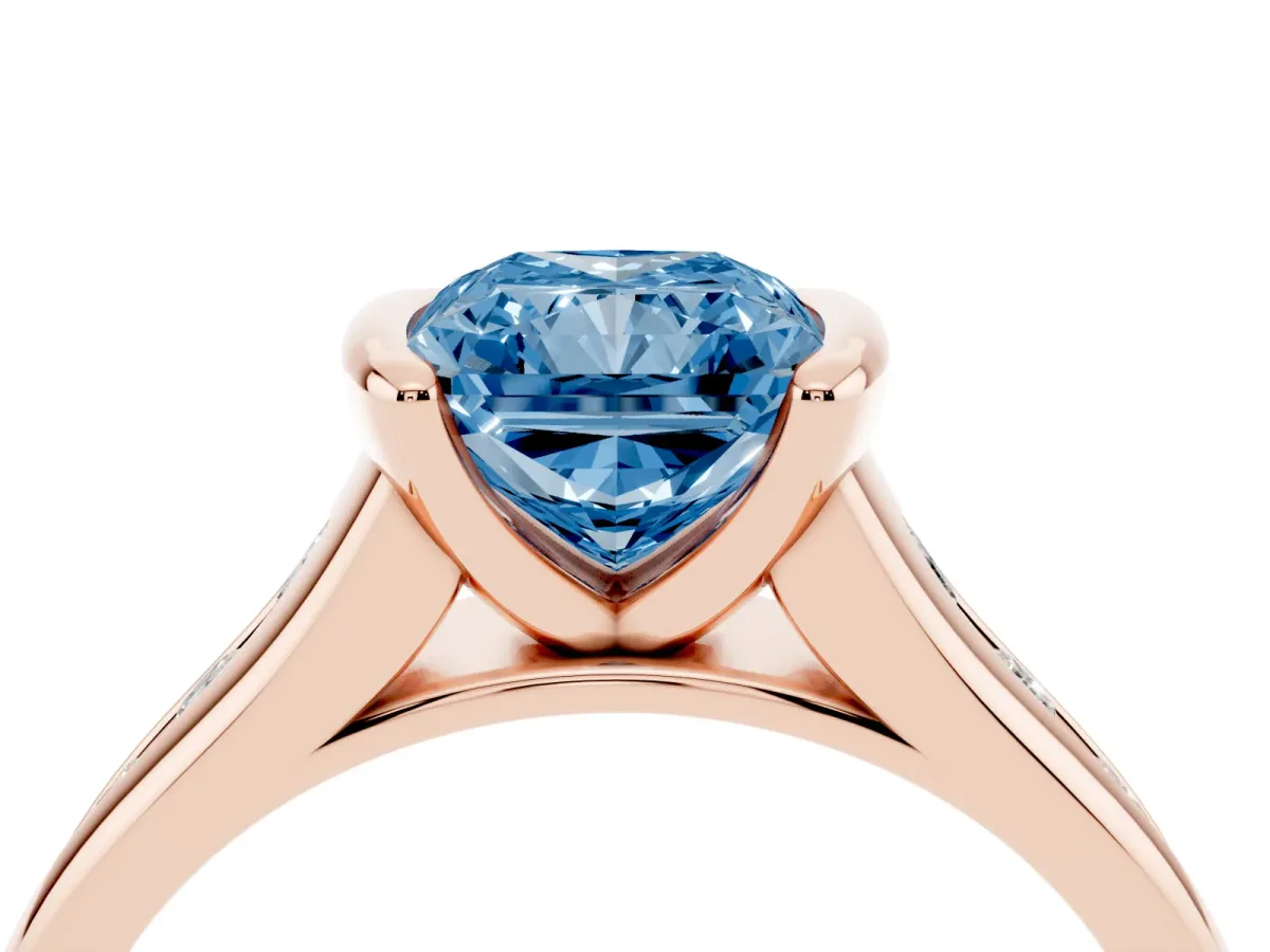 Fancy Blue Radiant Cut Solitaire Bezel-Set Diamond Ring with Channel-Set Band Rose gold