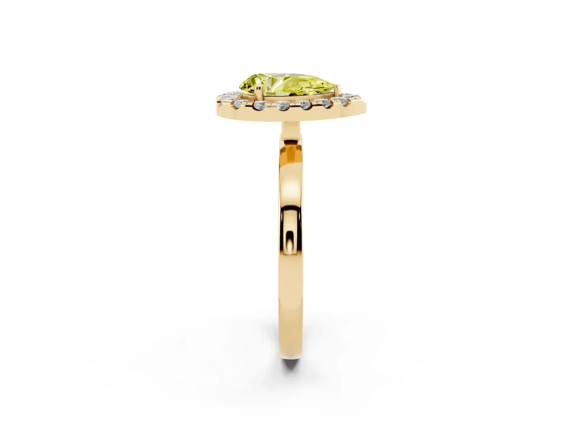 Fancy Yellow Pear Cut Halo Diamond Solitaire with Pavé Band and Four-Prong Setting Yellow gold