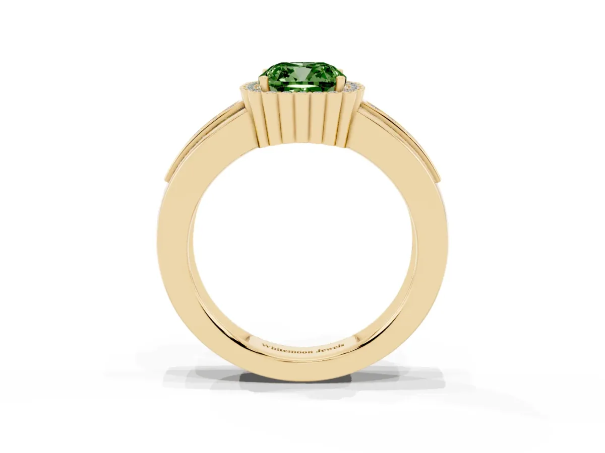 Fancy Green Cushion Cut Cut Halo Pave Band Four-Prong Ring Yellow gold