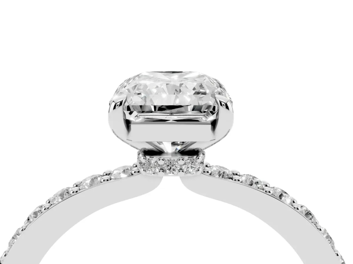 Radiant Cut Diamond Pavé Engagement Ring with Round Accents and Prong Setting Silver