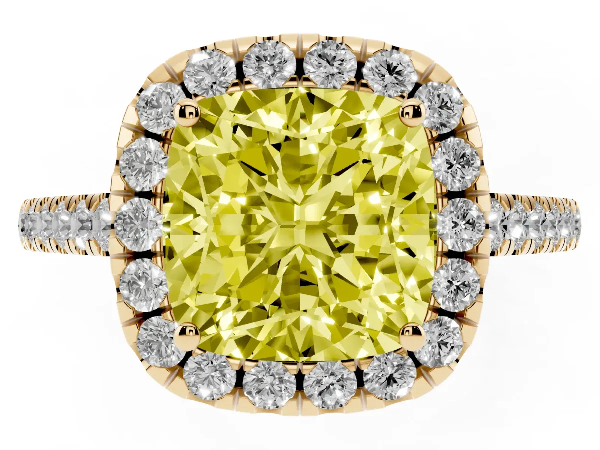 Fancy Yellow Cushion Cut Halo Pavé Diamond Engagement Ring with Four-Prong Setting Yellow gold
