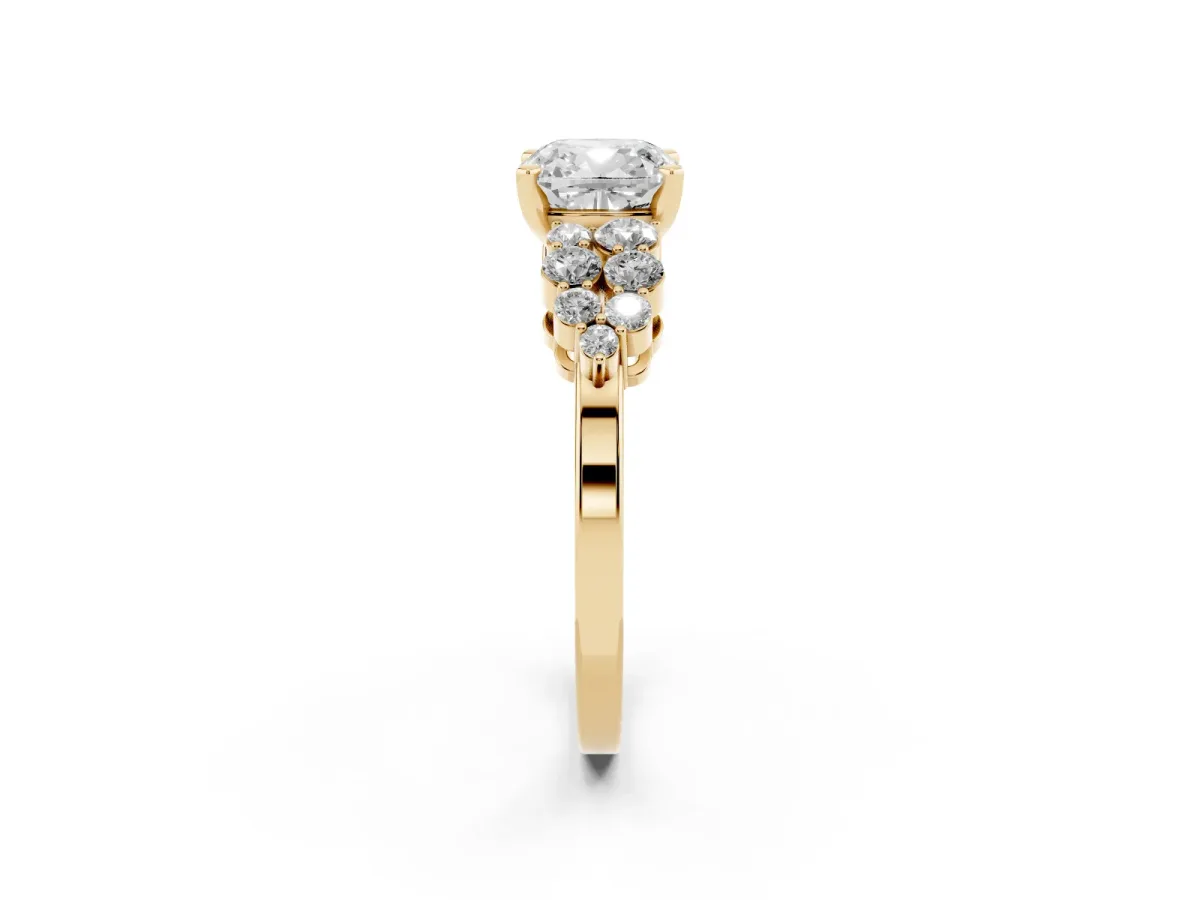 Cushion Cut Cluster Diamond Engagement Ring with Pavé Band and Four-Prong Setting Yellow gold