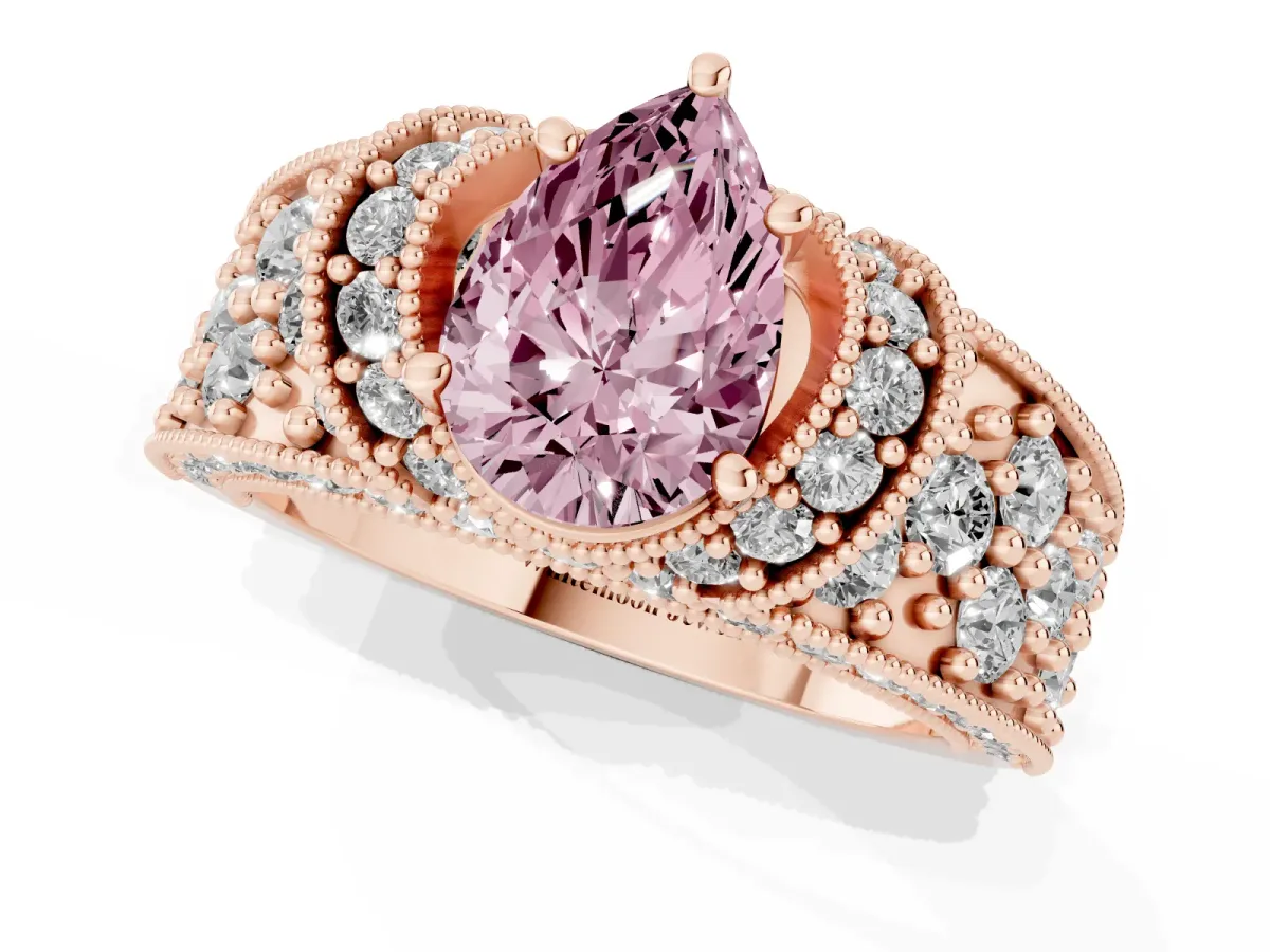 Fancy Pink Pear Cut Halo Pave Diamond Engagement Ring with Milgrain Detailing Rose gold
