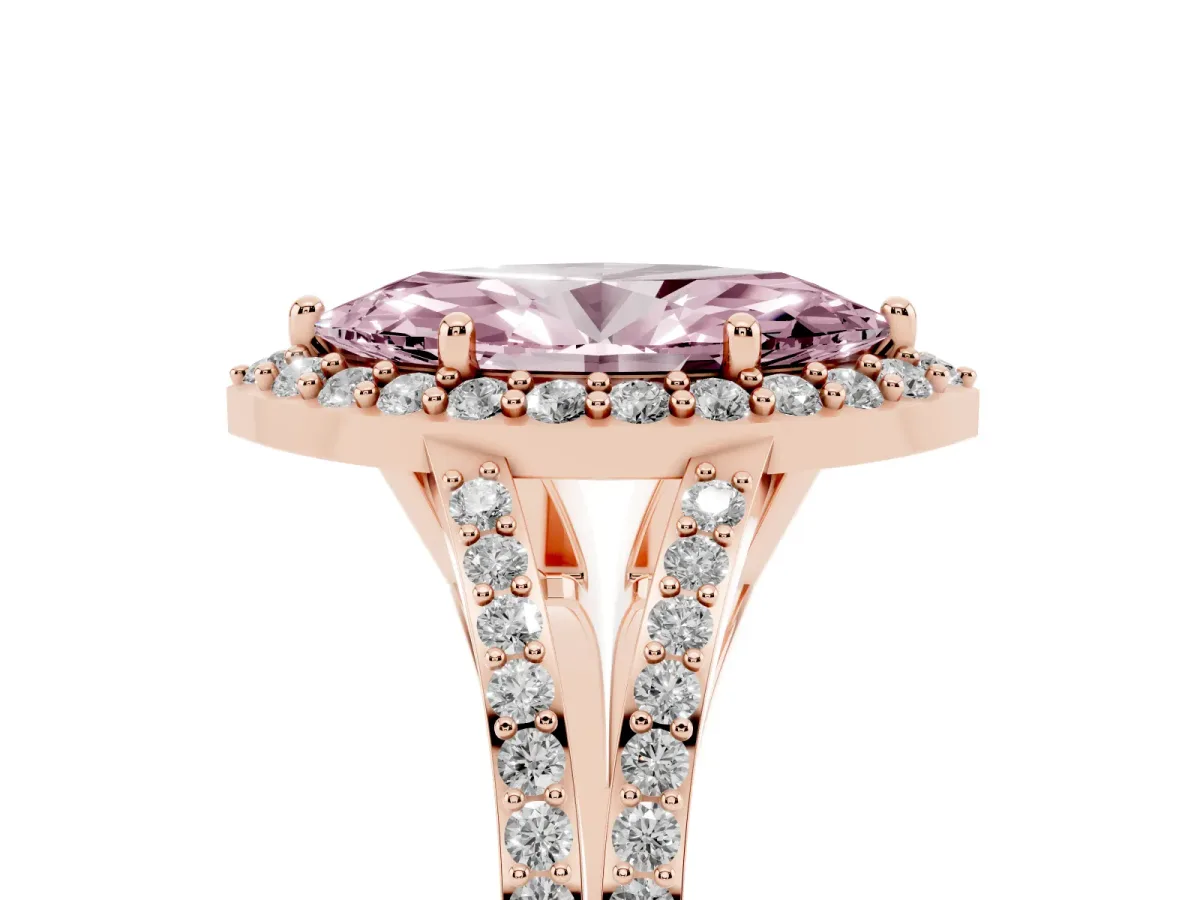 Fancy Pink Marquise Cut Halo Split Shank Diamond Ring with Prong Setting Rose gold