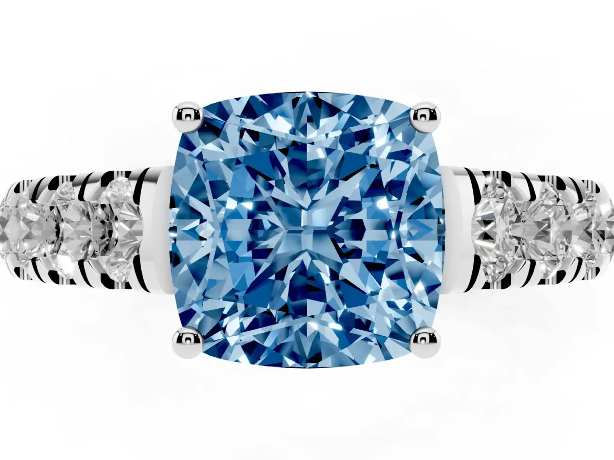 Fancy Blue Cushion Cut Cut Diamond Solitaire Ring with Micro Pave Band and Prong Setting Platinum