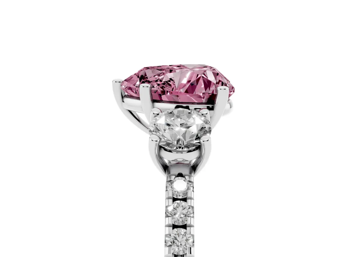 Fancy Pink Three-Stone Heart Cut Cut Diamond Pavé Band with Prong Setting Silver