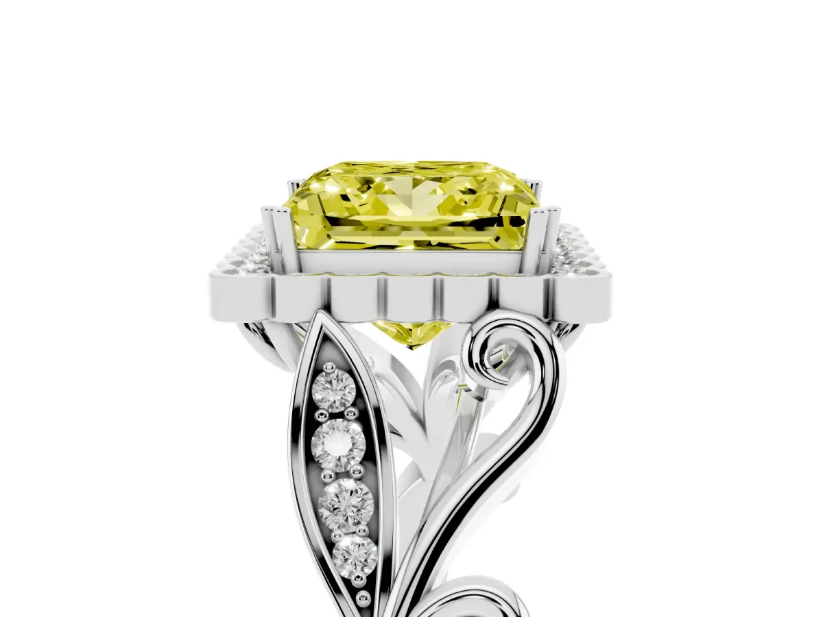 Fancy Yellow Princess Cut Diamond Halo Ring with Vintage Split Shank and Four-Prong Setting Silver
