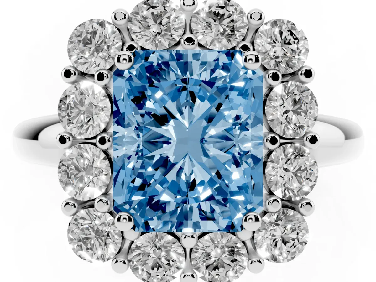 Fancy Blue Radiant Cut Halo Cluster Diamond Engagement Ring with Prong Setting and Polished Band Platinum