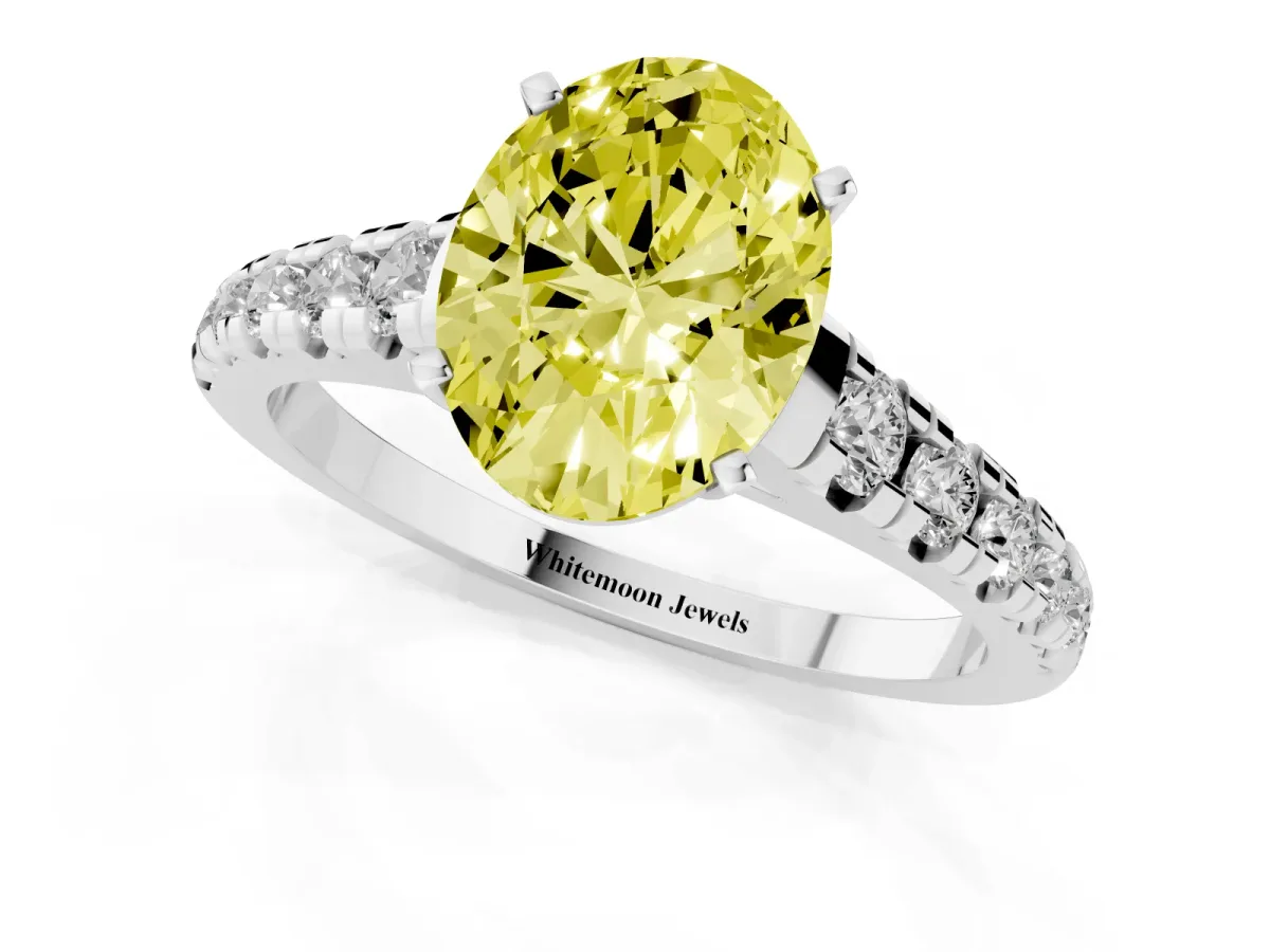 Fancy Yellow Oval Cut Diamond Cathedral Solitaire Ring with Round Pavé Band Silver