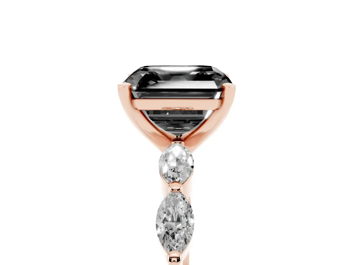 Fancy Black Asscher Cut Diamond Ring with Marquise Side Stones and Prong Setting Rose gold