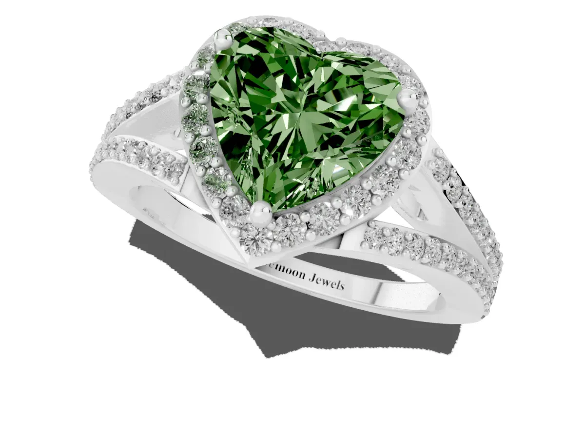 Fancy Green Heart Cut Halo Split Shank Diamond Ring with Prong Setting White gold
