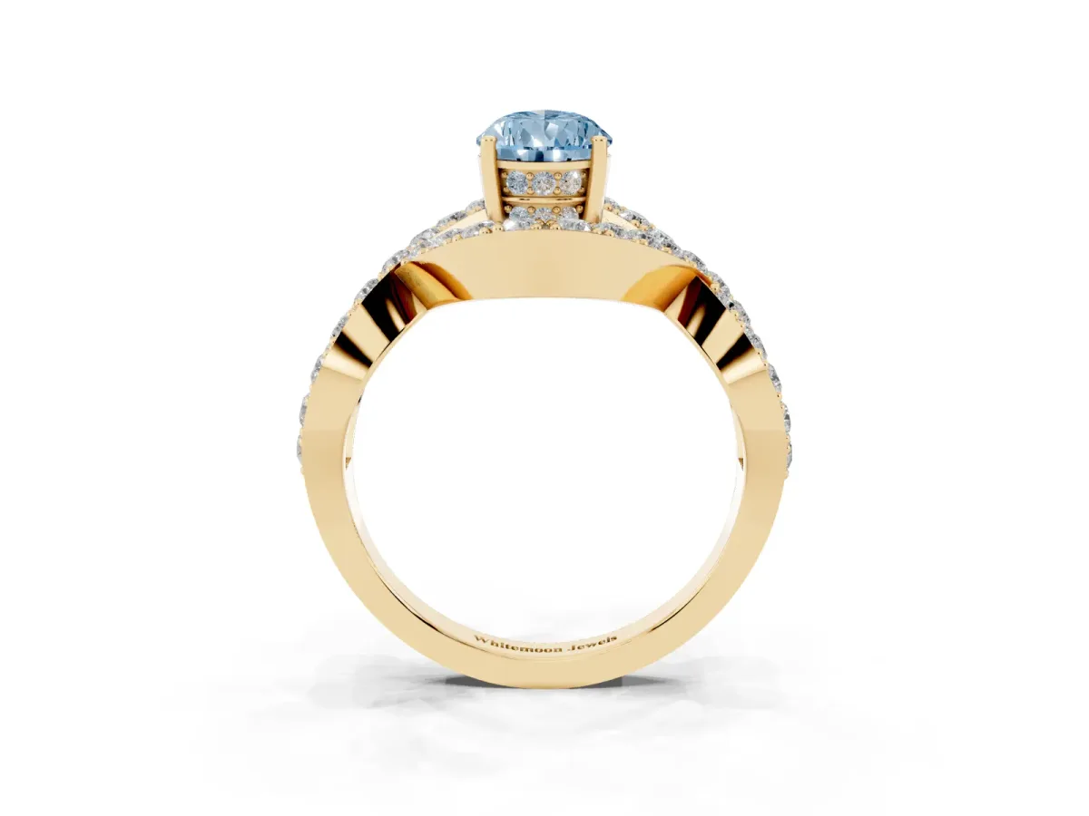 Fancy Blue Pear Cut Solitaire Twist Band Pavé Diamond Engagement Ring Yellow gold