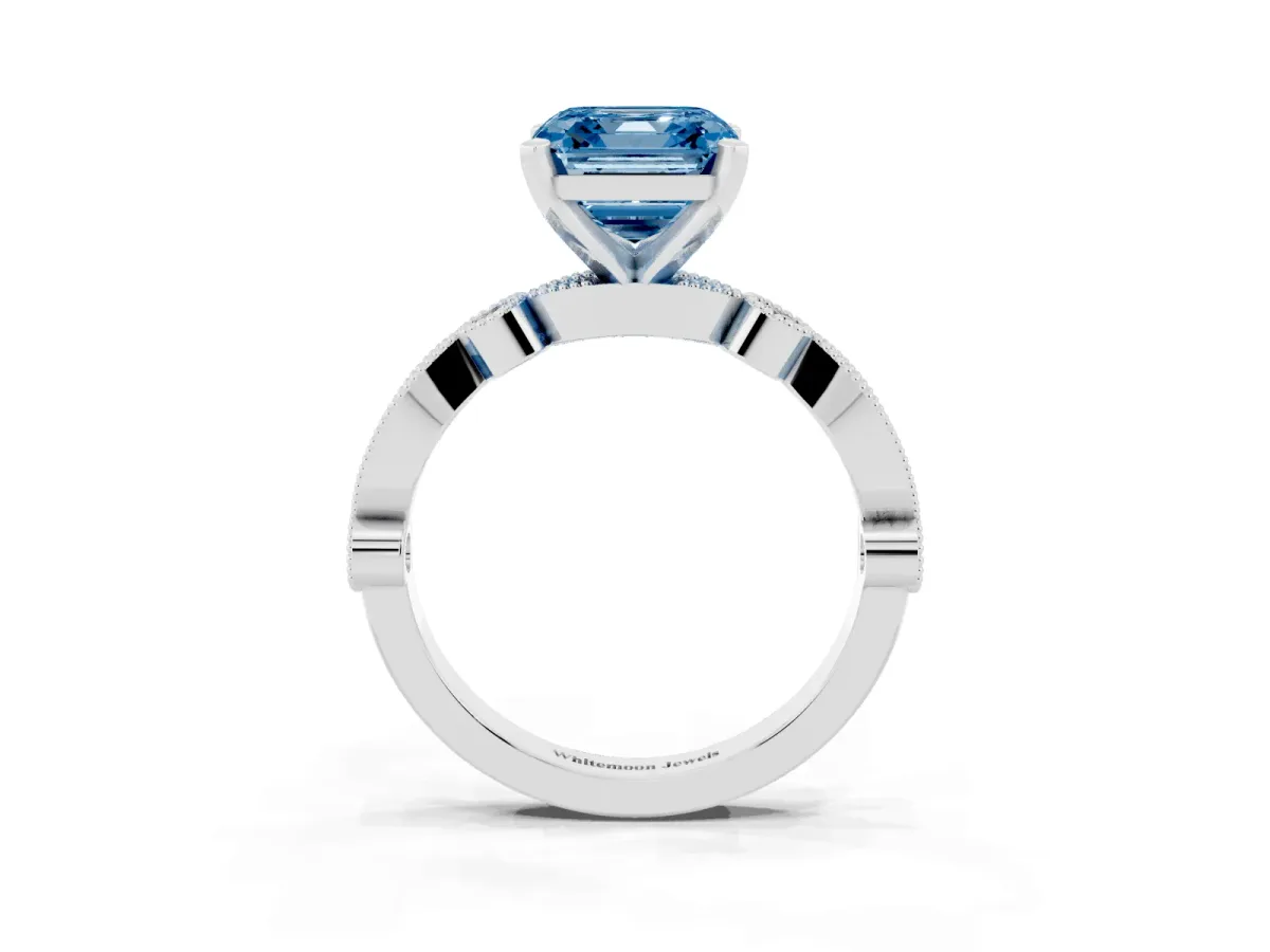 Fancy Blue Asscher Cut Milgrain Bezel Diamond Engagement Ring with Solitaire Prong Setting Silver