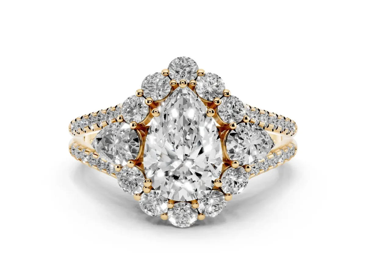 Pear Cut Halo Split Shank Diamond Engagement Ring with Prong Setting Yellow gold
