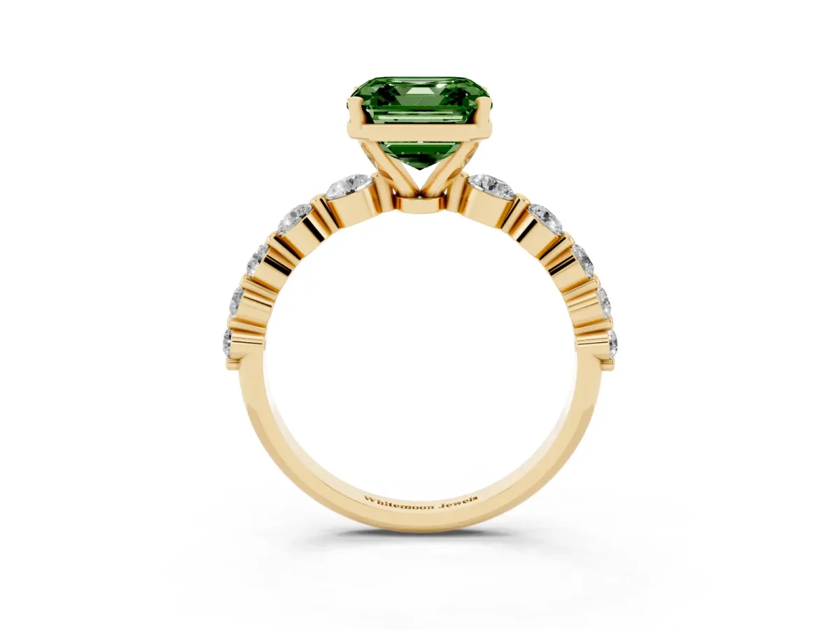 Fancy Green Asscher Cut Solitaire Diamond Ring with Pave Band and Four-Prong Setting Yellow gold